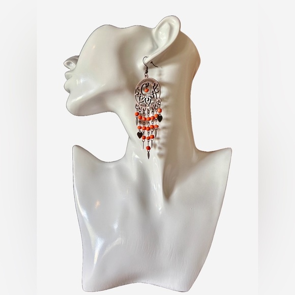 3/$15 - Vintage Bronze Filigree Earrings with Orange Beads - Picture 1 of 7